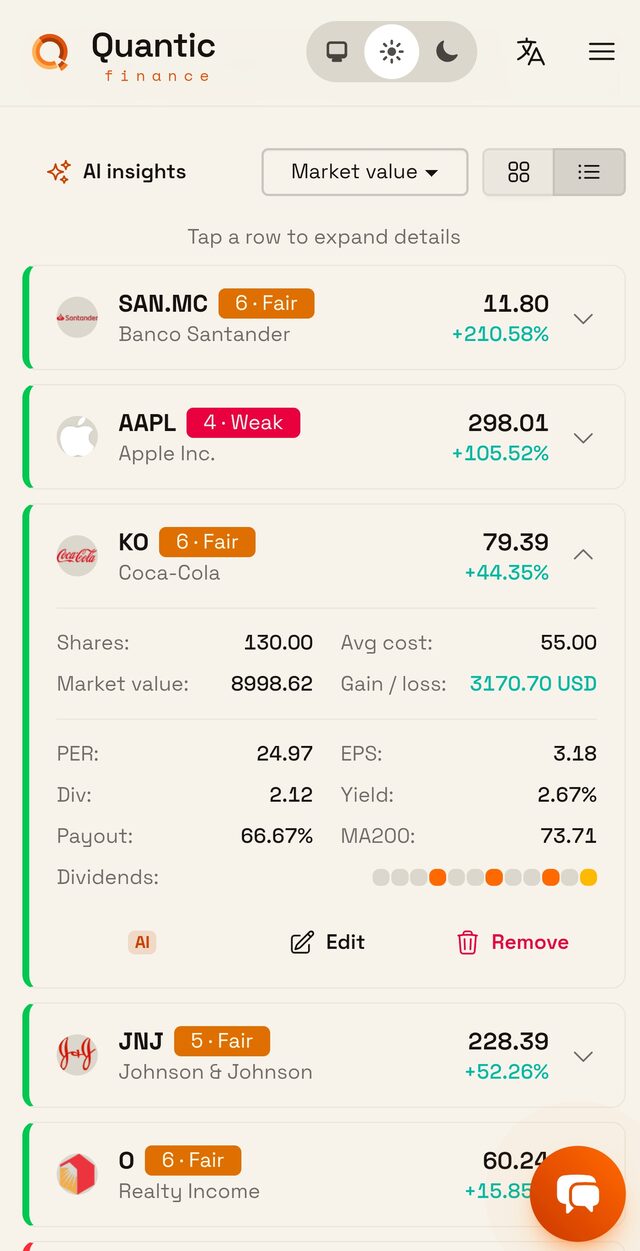 Quantic-Positionsliste mit KI-Analysen, Sicherheitsbewertungen und Live-Gewinn/-Verlust für jede Dividendenaktie
